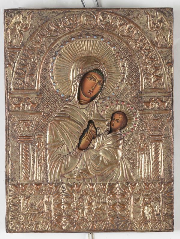 Icona con riza in argento raffigurante Madonna con Bambino, XIX secolo