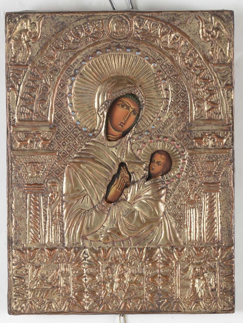 Icona con riza in argento raffigurante Madonna con Bambino, XIX secolo  - Auction Fine Art - Cambi Casa d'Aste