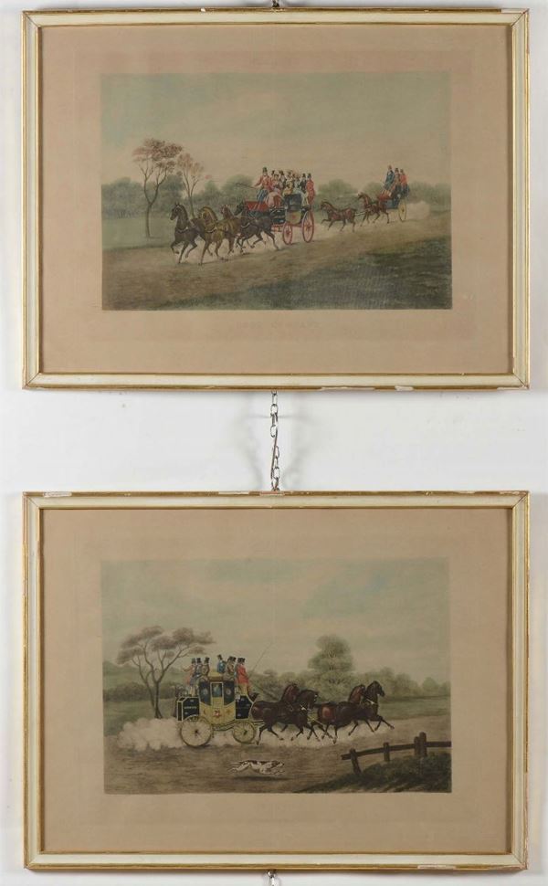 Coppia di stampe raffiguranti carrozze, XIX-XX secolo