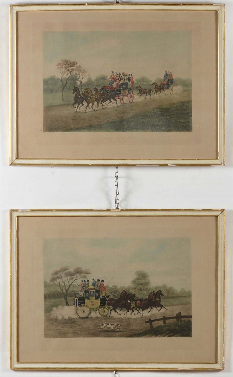 Coppia di stampe raffiguranti carrozze, XIX-XX secolo  - Auction Paintings online auction - Cambi Casa d'Aste