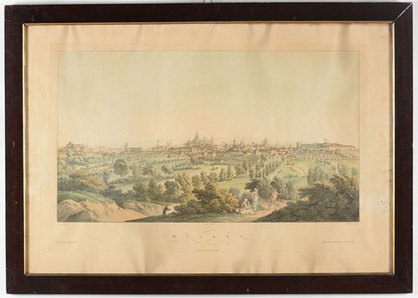 Stampa raffigurante veduta di Milano, XIX-XX secolo