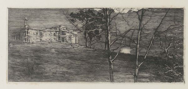 Incisione raffigurante paesaggio, da dipinto di Conconi