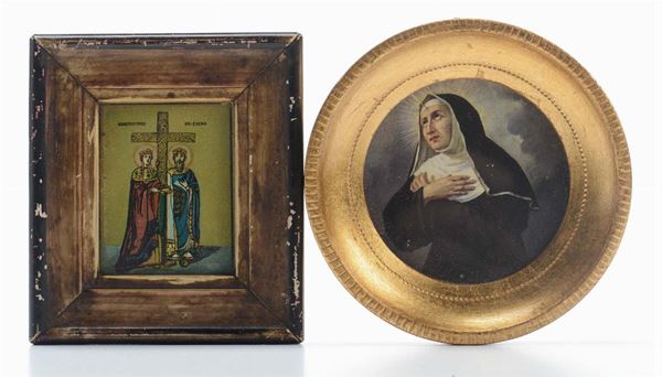 Due miniature diverse raffiguranti Santi con croce e Santa