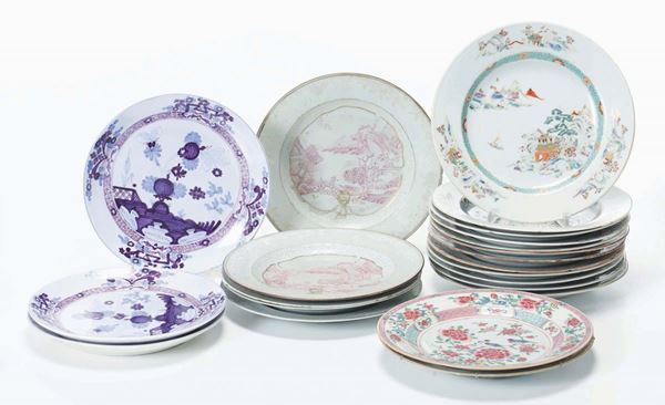 Twenty-two polychrome enamelled porcelain dishes with landscapes and naturalistic decorations, China, Qing Dynasty, 19th century