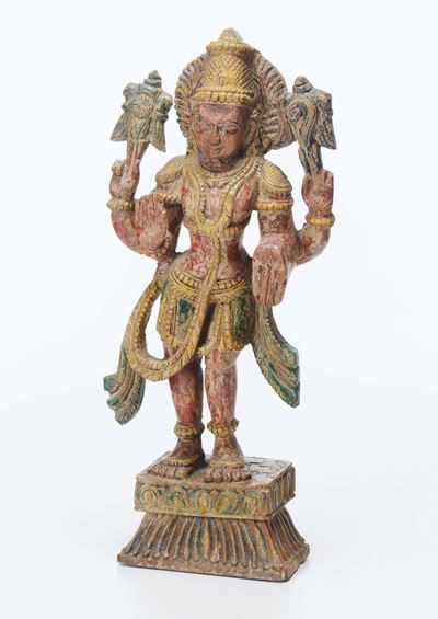 Figura di Divinità Eretta in Legno Dipinto, Thailandia, XX Secolo