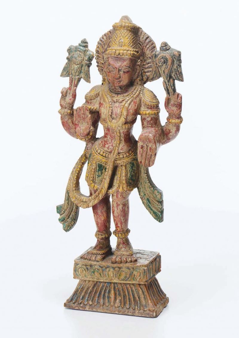 Figura di divinità eretta in legno dipinto, Thailandia, XX secolo  - Asta Chinese Works of Art - Cambi Casa d'Aste