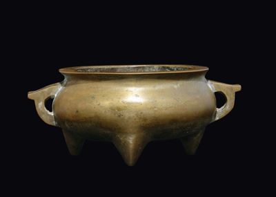 Incensiere in Bronzo Tripode a Doppia Ansa, Cina, Dinastia Qing, Fine XVII Secolo