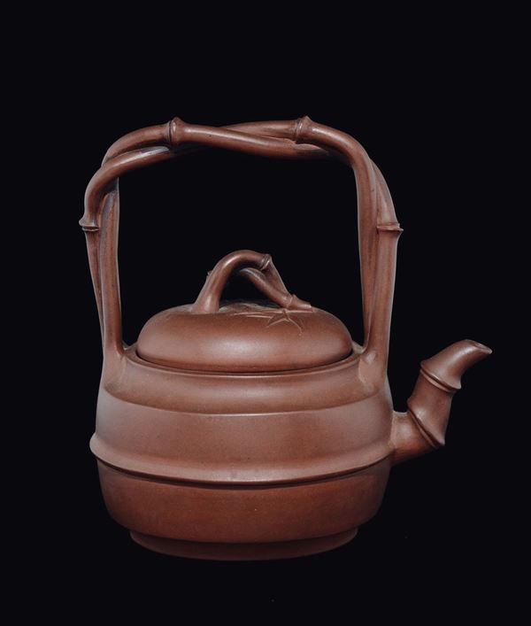 An Yixing bamboo-form teapot and cover, China, Qing Dynasty, 19th century