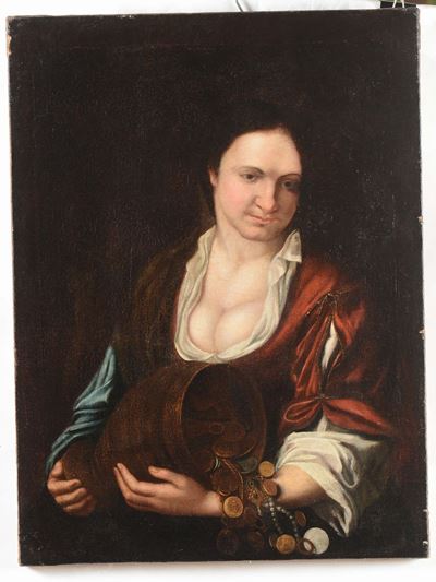 Anonimo del XIX Secolodonna con Anfora e Monete
