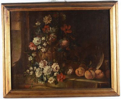Scuola del XIX Secolonatura Morta con Fiori e Frutta