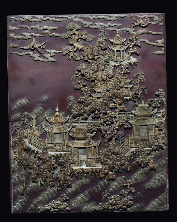 Placca in pietra con decoro di paesaggio con pagode a rilievo, Cina, Dinastia Qing, inizio XIX secolo