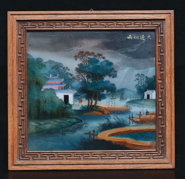 Coppia di dipinti su vetro raffiguranti paesaggio fluviale con case e personaggi ed iscrizione, Cina, XX secolo