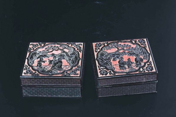 A pair of red and black lacquer boxes and cover with wise men and children, China, Qing Dynasty, 19th century