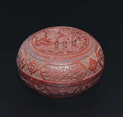 Scatola in Lacca Rossa con Immagine di Saggi Entro Peasaggio sul Coperchio, Cina, Dinastia Qing, ...