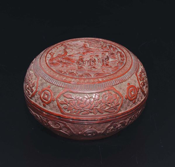 Scatola in lacca rossa con immagine di saggi entro peasaggio sul coperchio, Cina, Dinastia Qing, XIX secolo