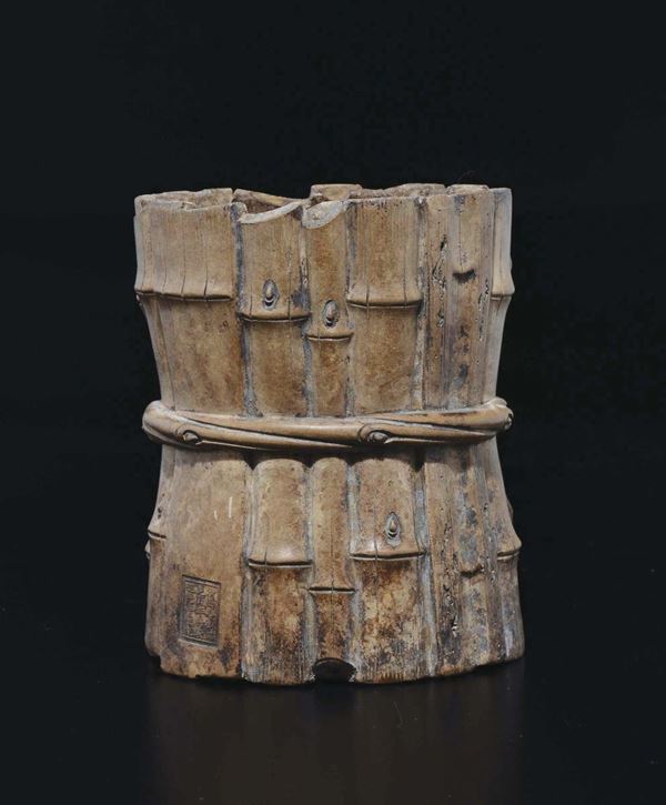 An Yixing bamboo-form brushpot, China, Qing Dynasty, 19th century