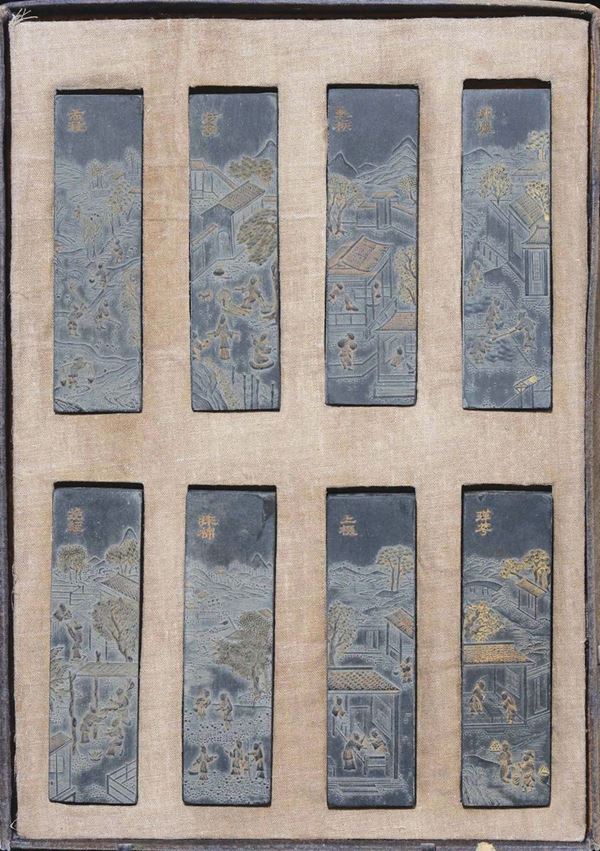 Scatola contenente otto placche d'inchiostro raffiguranti paesaggi con figure, Cina, Dinastia Qing, XIX secolo