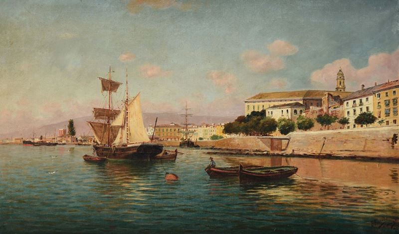 Enrique Florido Bernils (Malaga 1873-1929) Porto di Malaga  - Asta Dipinti del XIX e XX secolo - Cambi Casa d'Aste