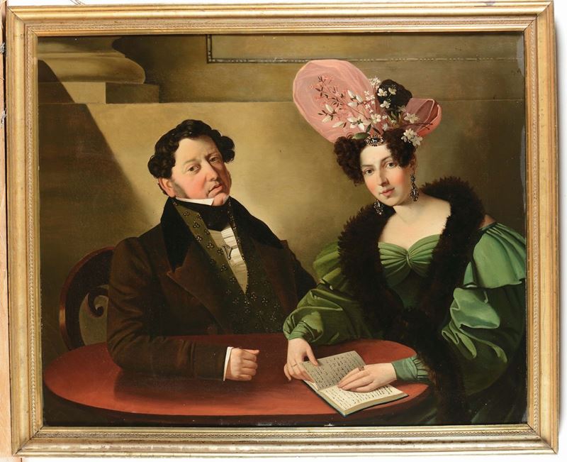 Scuola dell'Italia settentrionale degli inizi del XIX secolo Ritratto di marito e moglie al tavolo  - Auction Old Masters Paintings - Cambi Casa d'Aste