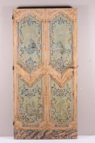 Porta a Due Ante in Legno Laccato e Dipinto in Policromia, XVIII-XIX Secolo