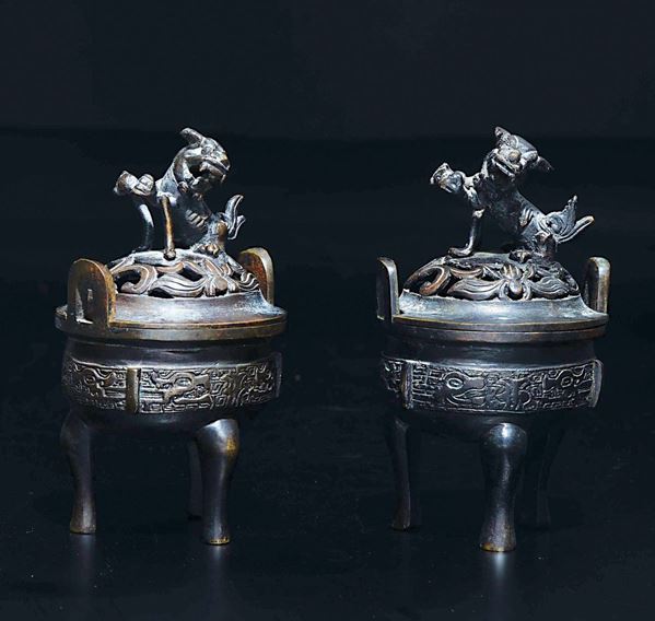A pair of bronze censer and cover with Pho dog with archaic style decoration, China, Qing Dynasty, 19th century