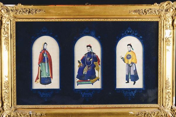 Coppia di quadretti con immagini di dignitari e Guanyin entro cornici dorate, Cina, Dinastia Qing, XIX secolo