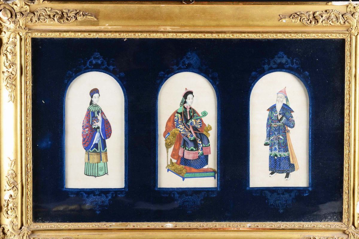 Coppia di Quadretti con Immagini di Dignitari e Guanyin Entro Cornici Dorate, Cina, Dinastia Qing...