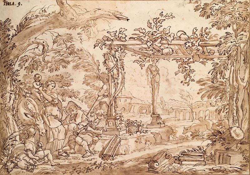 Paolo Gerolamo Piola (Genova 1666 -1724) Riposo nella Fuga in Egitto  - Asta Dipinti Antichi - Cambi Casa d'Aste
