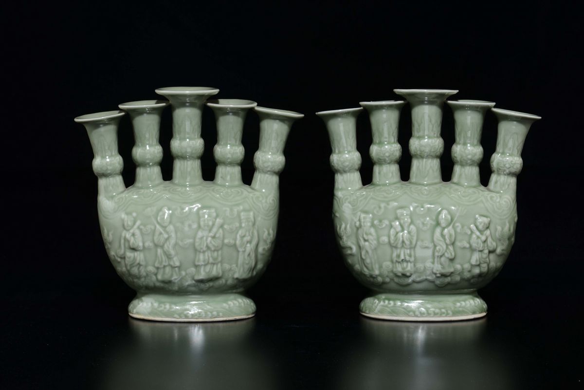 Coppia di Vasi in Porcellana Celadon, Cina, Dinastia Qing, XIX Secolo