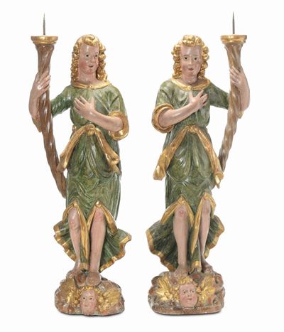 Coppia di Angeli Reggicero in Legno Intagliato, Laccato e Dorato, XVIII Secolo