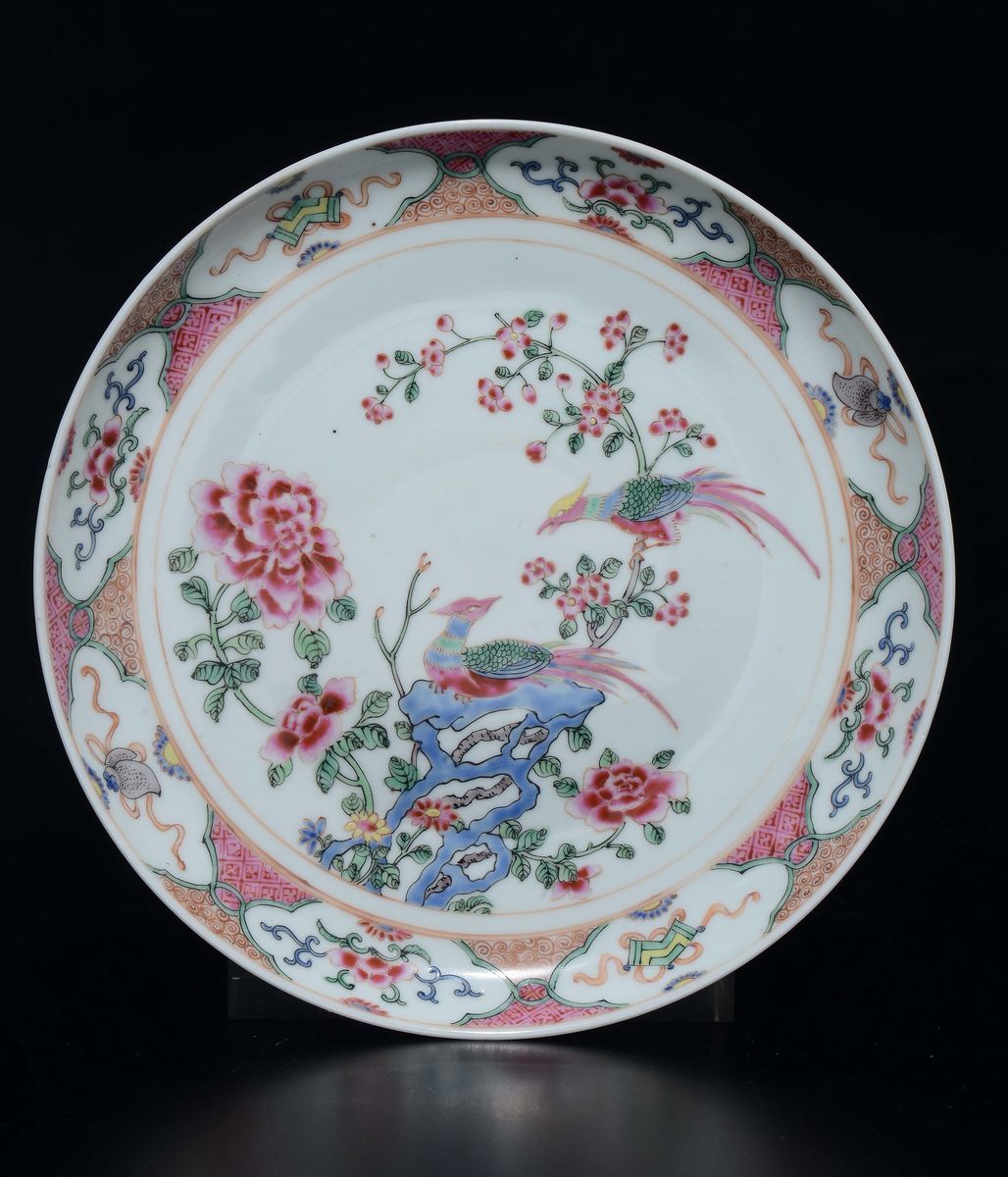 Alzata in Porcellana Famiglia Rosa con Decoro di Uccellini tra Rami Fioriti, Cina, Dinastia Qing,...