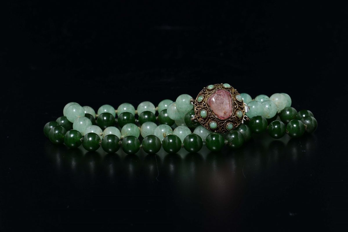 Collana in Giada Verde e Fermezza in Quarzo Rosa, Cina, XX Secolo