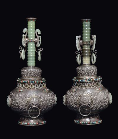 Due Vasi in Argento con Inserti in Giada, Tibet, XIX Secolo