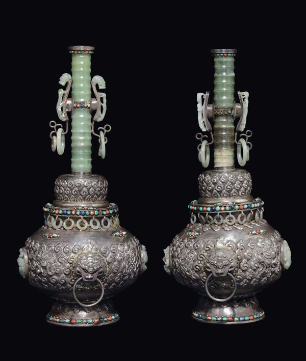 Two silver vases and cover with jade inlaids, Tibet, 19th century