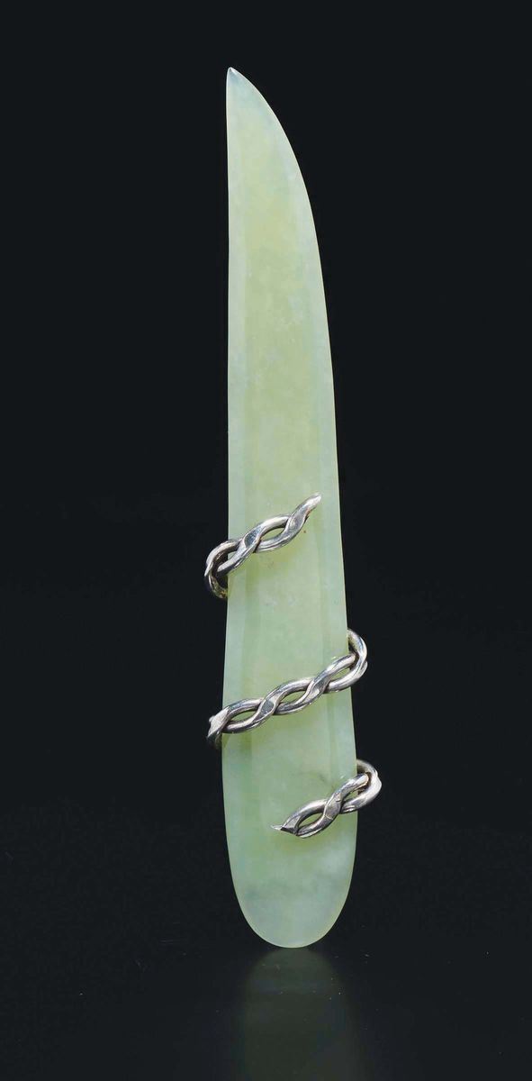 A green jade paper knife with small chain, China, 20th century