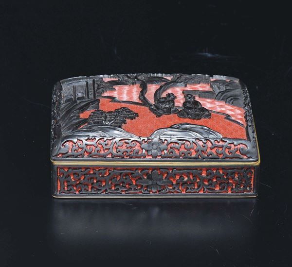 A red and black lacquer box and cover with figures, China, 20th century