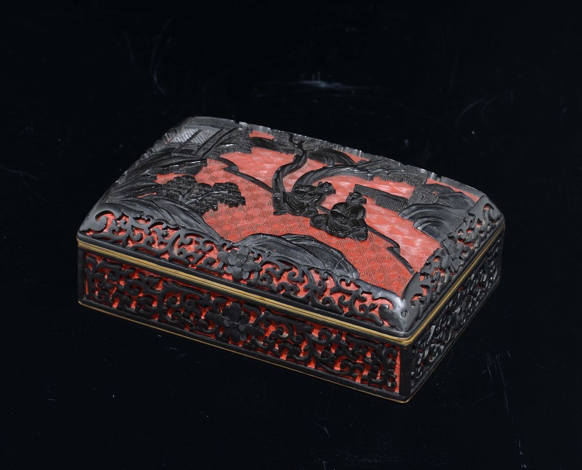Scatola con Coperchio in Lacca Rossa e Nera con Personaggi, Cina, XX Secolo