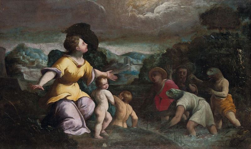 Carlo Bononi (Ferrara 1569-1632) La dea Latona trasforma i contadini della Licia in rane  - Asta Dipinti Antichi - Cambi Casa d'Aste