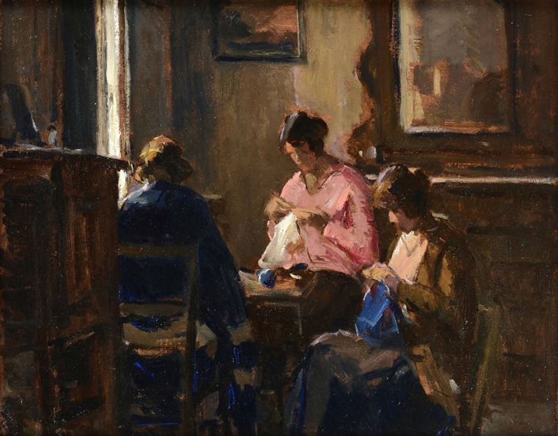 Ludovico Tommasi (Livorno 1866 - Firenze 1941) Donne che cuciono  - Asta Dipinti del XIX e XX secolo - Cambi Casa d'Aste