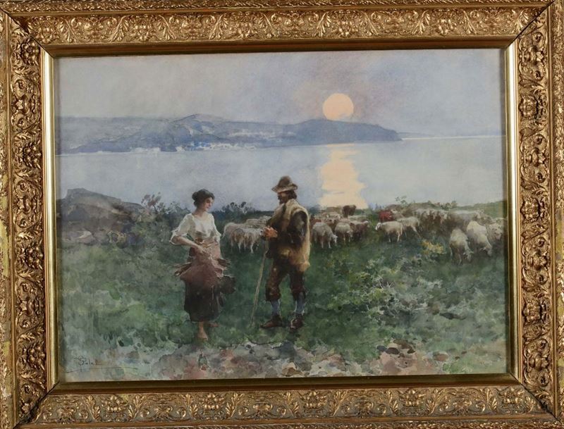 Paolo Sala : Paolo Sala (1859-1924), attribuito a Pastori in riva al mare  - Asta Dipinti del XIX e XX secolo - Cambi Casa d'Aste