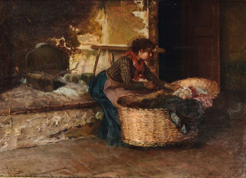 Arturo Faldi (1856-1911), attribuito a Mamma con bambino  - Asta Dipinti del XIX e XX secolo - Cambi Casa d'Aste