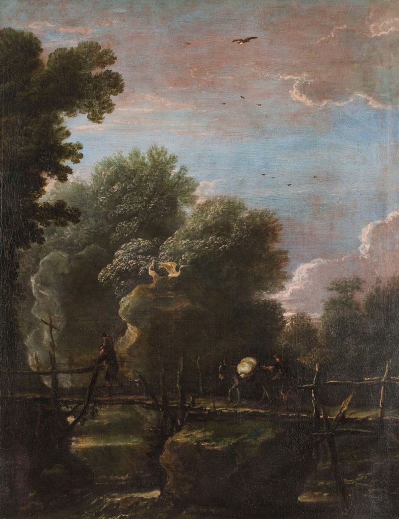 Scuola del XVII secolo Paesaggio con ponte  - Auction Old Masters Paintings - Cambi Casa d'Aste