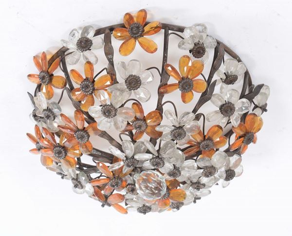 Lampadario in metallo con fiori in vetro colorato, XX secolo