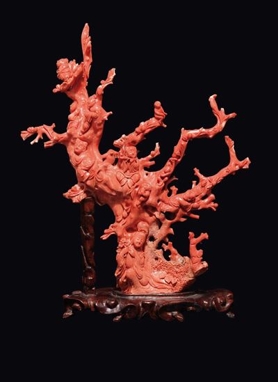 Grande Gruppo Scolpito in Corallo Raffigurante Guanyin tra Scimmiette e Fanciulli Musicanti, Cina...