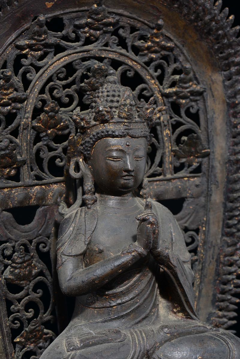 Grande Figura di Buddha con Aura in Bronzo Seduto su Doppio Fiore di Loto, Cina, Dinastia Ming, X...
