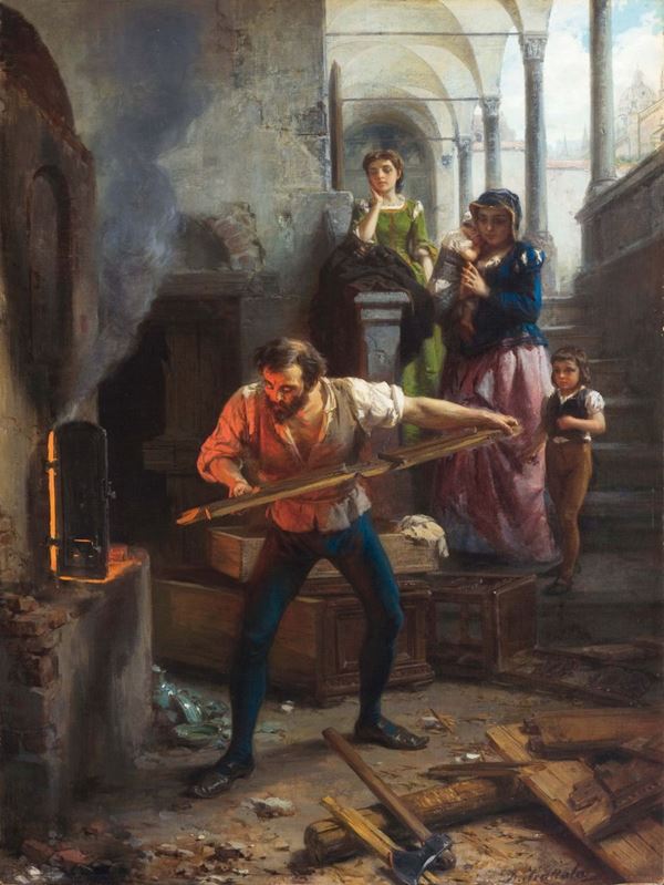Domenico Scattola (Verona 1814 - 1876) Bernard Palissy, ridotto in miseria, getta nella fornace i mobili di casa per ultimare la cottura di una sua fortunata esperienza