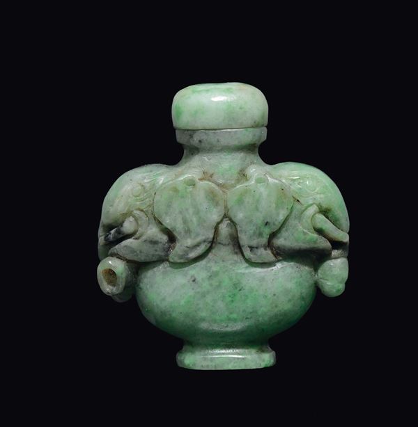 A jadeite elephant heads snuff bottle, China, Qing Dynasty, 19th century