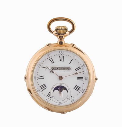 Anonimo, Cassa No.18566, Orologio da Tasca, in Oro Giallo 18k, con Fasi Lunari e Calendario. Real...