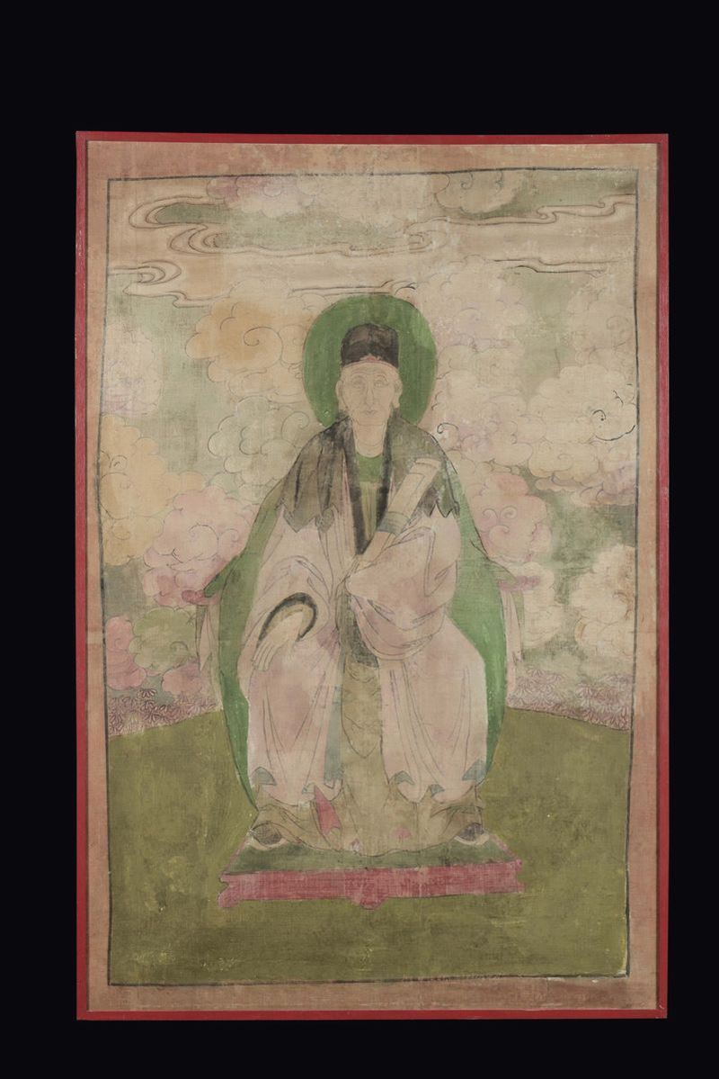 Tanka incorniciato raffigurante divinità maschile, Tibet, XVII secolo  - Asta Fine Chinese Works of Art - Cambi Casa d'Aste
