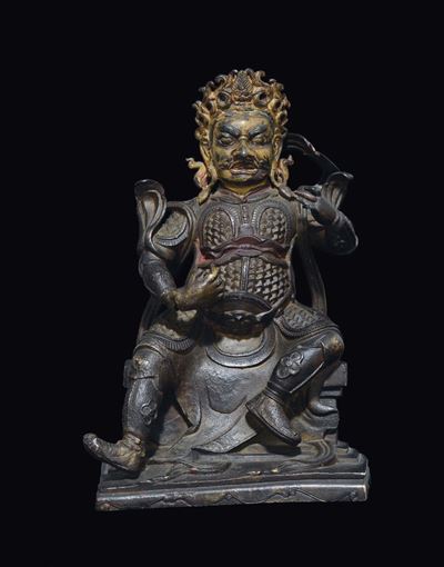 Guardiano Seduto in Bronzo con Volto Lumeggiato, Cina, Dinastia Ming, XVII Secolo